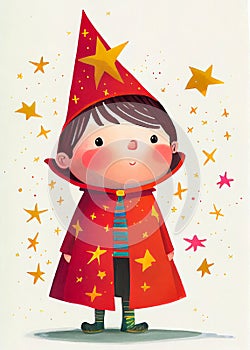 Cartoon little boy in red coak and cap of wizard on white background, children\'s book illustration