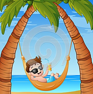 Cartoon little boy relaxing on hammock beach with a drinking cocktail