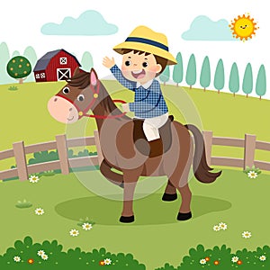 Cartoon of little boy riding a horse in the farm
