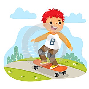 Cartoon of little boy riding on skateboard in the park