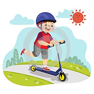 Cartoon of little boy riding two-wheeled scooter in the park