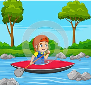 Cartoon little boy rowing a boat