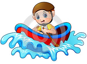 Cartoon little boy rowing a boat on a white background