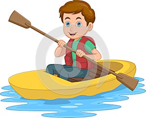 Cartoon Little Boy Rowing a canoe