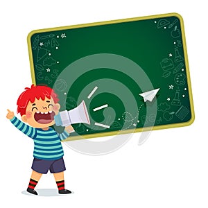 Cartoon of a little boy screaming with megaphone, pointing index finger up with blackboard background