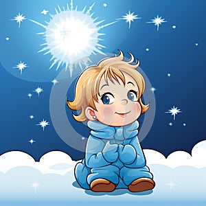 a cartoon little boy sitting in the snow and looking up at the stars