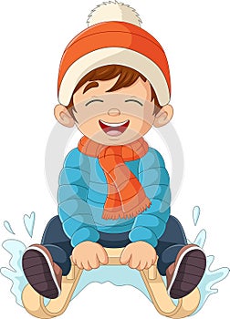 Cartoon little boy sledding down a hill