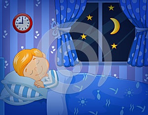 Cartoon little boy sleeping in the bed