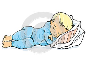 Cartoon of little boy sleeping on a pillow