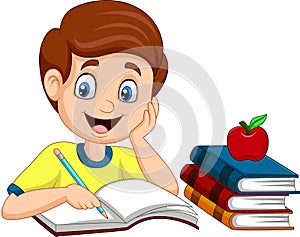 Cartoon little boy studying