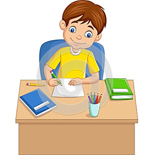 Cartoon little boy studying on the table