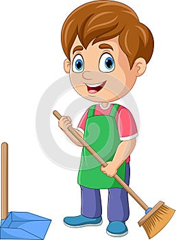 Cartoon little boy sweeping the floor