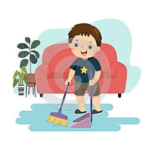 Cartoon of a little boy sweeping the floor. Kids doing housework chores at home concept