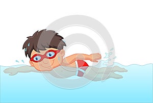 Cartoon little boy swimmer in the swimming pool