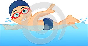 Cartoon little boy swimmer in the swimming pool