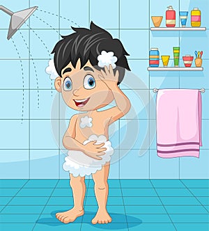 Cartoon little boy taking a bath