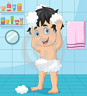 Cartoon little boy taking a bath