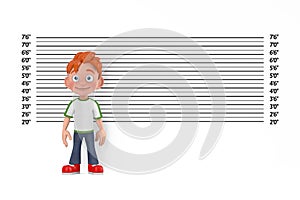 Cartoon Little Boy Teen Person Character Mascot in front of Police Lineup or Mugshot Background. 3d Rendering