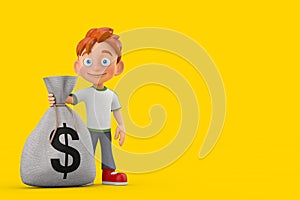 Cartoon Little Boy Teen Person Character Mascot with Tied Rustic Canvas Linen Money Sack or Money Bag with Dollar Sign. 3d