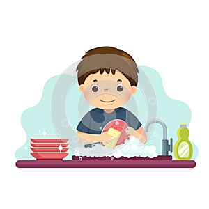 Cartoon of a little boy washing the dishes in kitchen. Kids doing housework chores at home concept