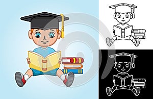 Cartoon little boy wearing graduation cap is reading book