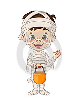 Cartoon little boy wearing halloween mummy costume