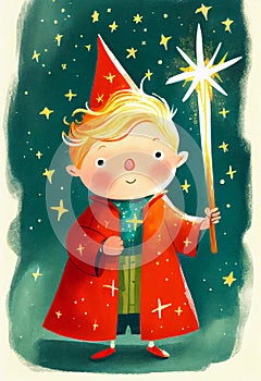 Cartoon little boy in a wizard costume with a magic wand, red cloak and wizard\'s cap, children\'s book illustration