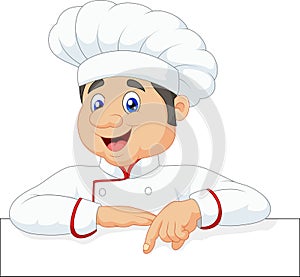 Cartoon little chef pointing at a banner or menu