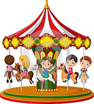 Cartoon little children on the carousel with horses