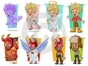 Cartoon little cupid angels and evil red demon character vector set