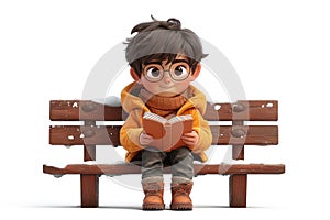 Cartoon Little Cute Boy Sitting at Bench with Reading a Book extreme closeup. Generative AI