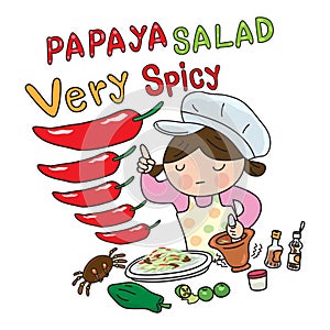 Cartoon little cute girl chef cooking thai food papaya salad