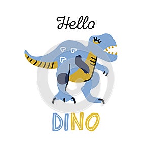 Cartoon little dinosaur. Cute dino color hand drawn vector character. T-rex flat clipart with lettering qoute hello dino. Sketch