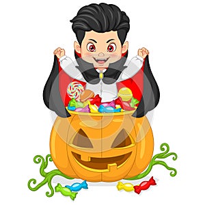 Cartoon little dracula with basket of candies