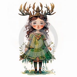 Cartoon little druid girl in a green dress with deer antlers on her head. Watercolor illustration, isolated on white. Generative