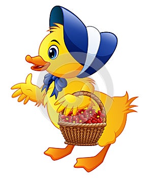 Cartoon little duck carrying flowers in a basket with wearing blue hat and bow tie