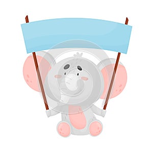 Cartoon Little Elephant Character Sitting and Holding Banner with Copy-space Vector Illustration