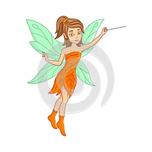 Cartoon little fairy flying with magic stick