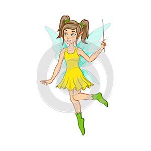 Cartoon little fairy flying with magic stick