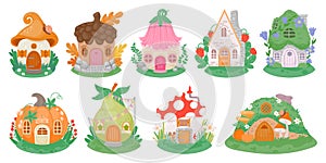 Cartoon little fantasy houses for fairies, elves, gnomes or dwarfs. Mushroom, pumpkin and flower cute fairytale homes in