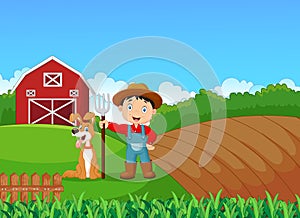 Cartoon little farmer and his dog with farm background