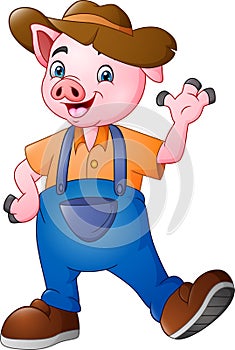 Cartoon little farmer pig waving hand