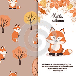 Cartoon little fox. Seamless autumn forest pattern with cute foxes