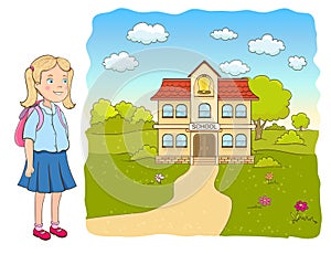 Cartoon little girl with backpack, school building. vector illustration