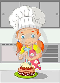 Cartoon little girl cooking cake