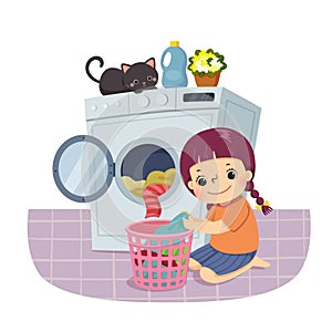 Cartoon of a little girl doing the laundry. Kids doing housework chores at home concept photo