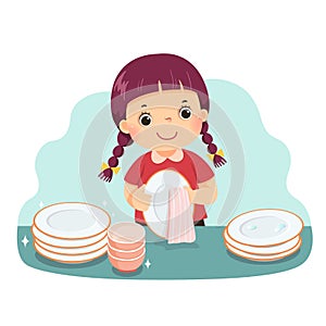 Cartoon of a little girl drying the dishes at kitchen counter. Kids doing housework chores at home concept