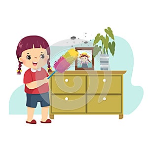 Cartoon of a little girl dusting the cabinet. Kids doing housework chores at home concept photo