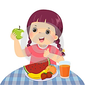 Cartoon of a little girl eating green apple and showing thumb up sign