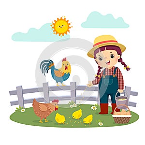 Cartoon of little girl farmer feeding her chickens